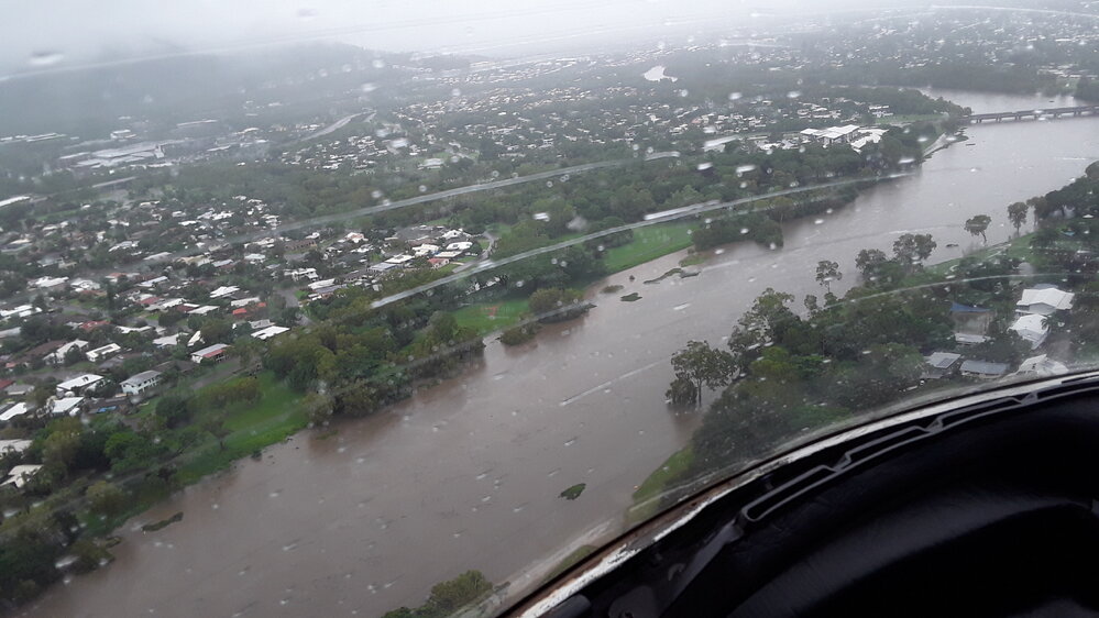 Charles N Barton Bridge, aerial photograph during floods, 2019. 