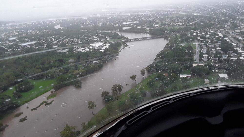 Charles N Barton Bridge, aerial photograph during floods, 2019. 