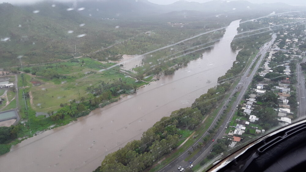 Water Treatment Plant 421 Angus Smith Drive, aerial photograph during floods, 2019. 