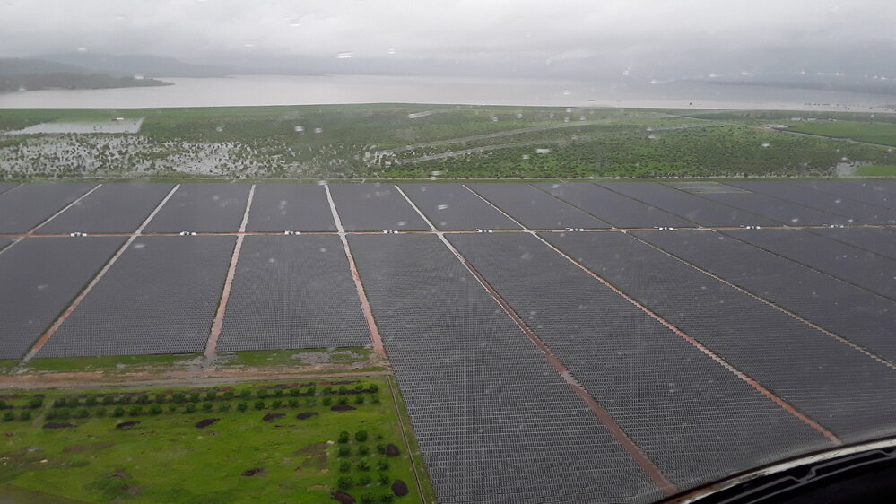 Solar Farm, Dam Catchment Area, aerial photograph during floods, 2019. 
