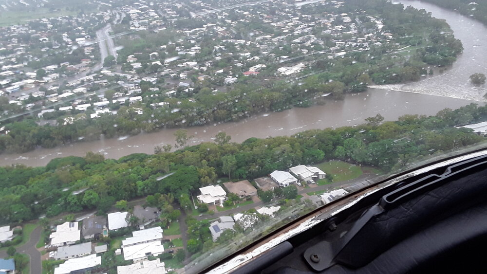 Cranbrook Weir, aerial photograph during floods, 2019. 