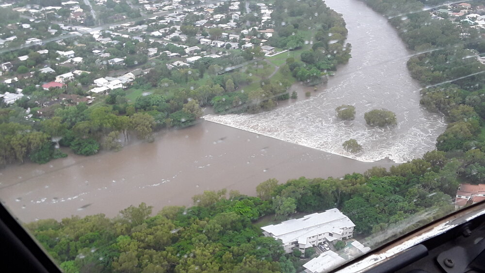 Cranbrook Weir, aerial photograph during floods, 2019. 
