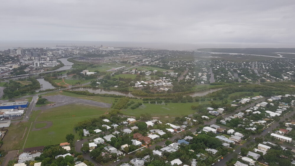 Boundary Street, Hermit Park, Ross Creek, South Townsville, aerial photograph during floods, 2019. 