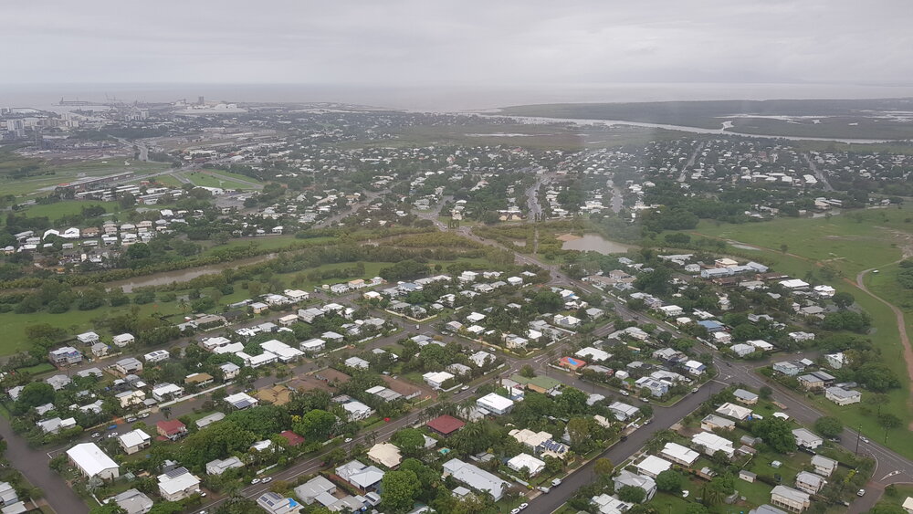 Boundary Street, Townsville Port, South Townsville, aerial photograph during floods, 2019. 