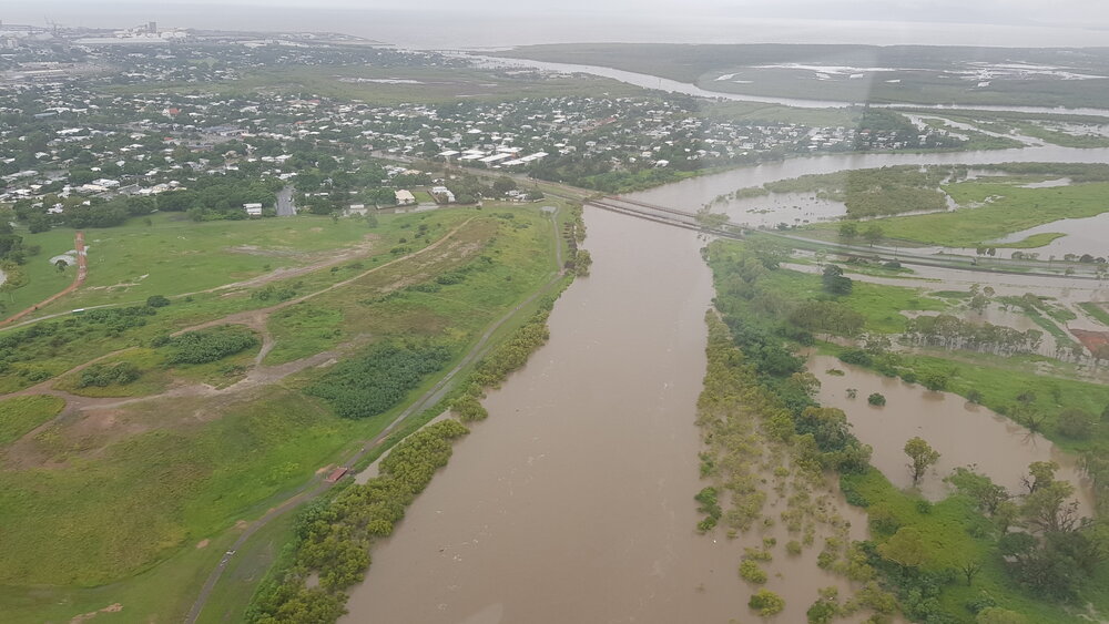 Ross River, Railway Estate Bridge to Abbott Street, South Townsville, Railway Estate, aerial photograph during floods, 2019. 