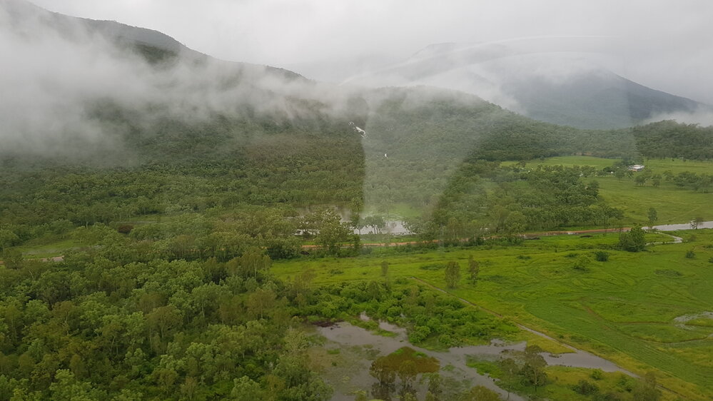 Flood waters cover rural lands, Townsville,  aerial photograph during floods, 2019.