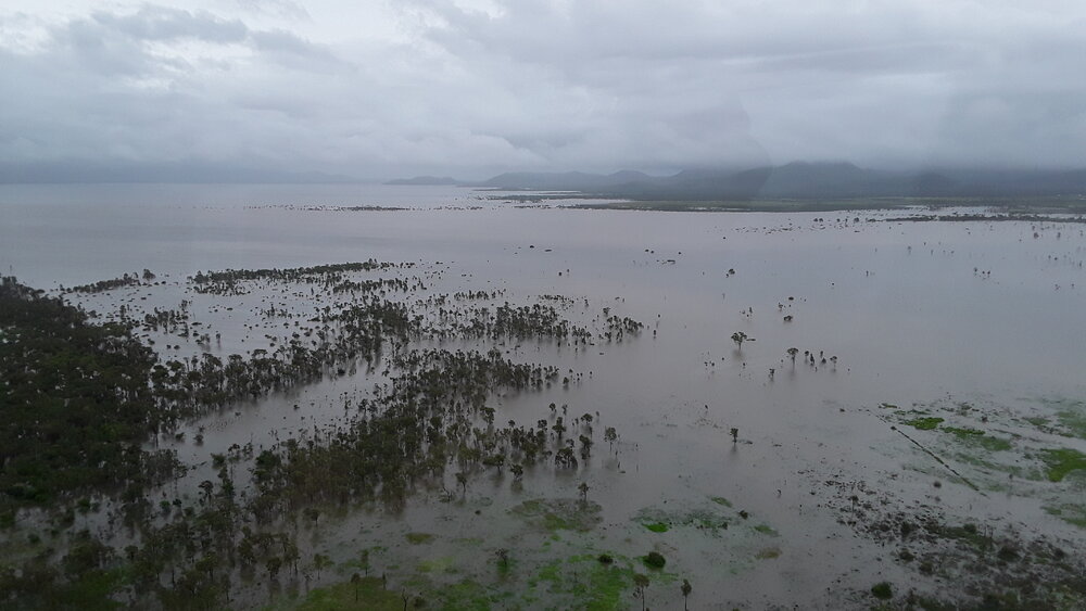 Ross River Dam Catchment Area, aerial photograph during floods, 2019. 