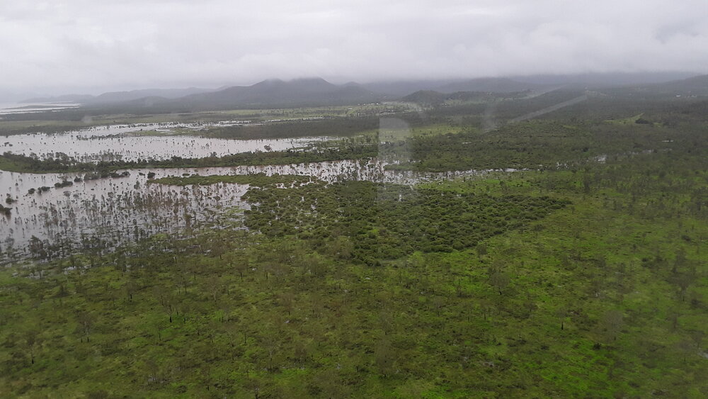 Ross River Dam Catchment Area, aerial photograph during floods, 2019. 