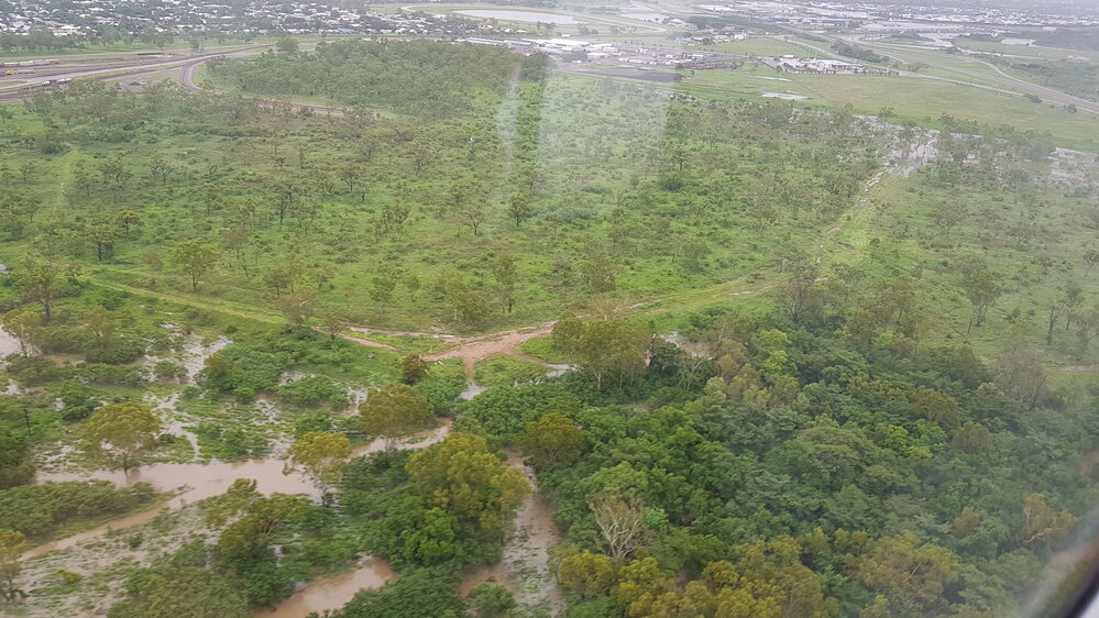 Stuart Creek in flood, aerial photograph, 2019. 