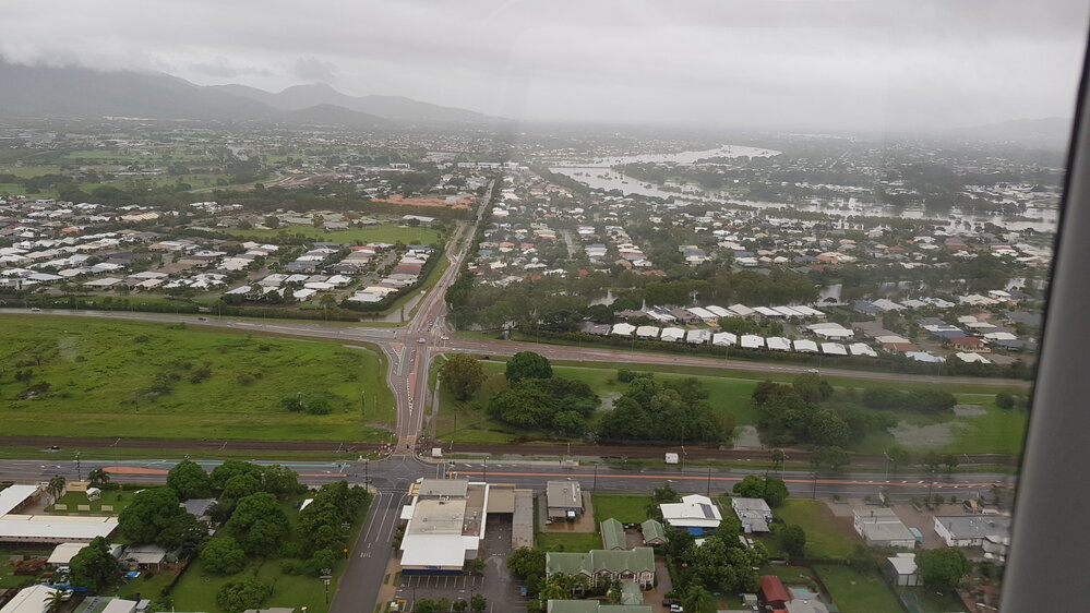Oonoonba, Oonoonba Road, Abbott Street, Lakeside Drive, aerial photograph during floods, 2019. 