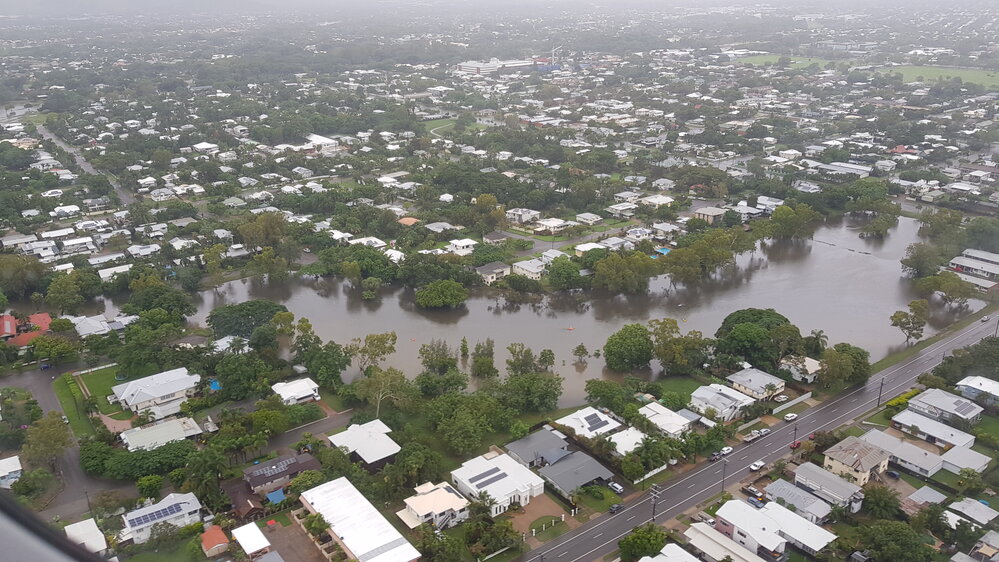 Mysterton, Pimlico, aerial photograph during floods, 2019. 