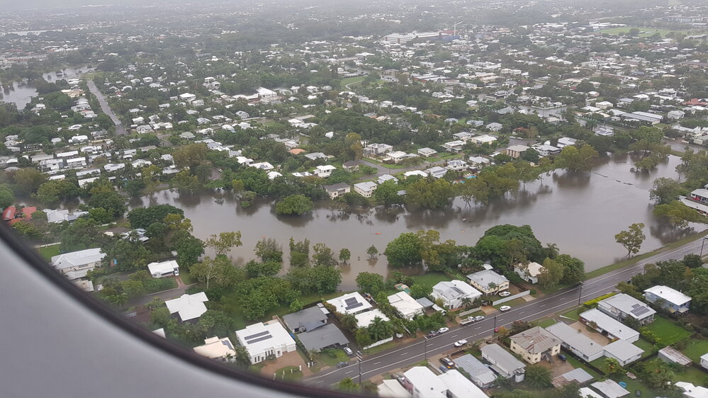 Mysterton, Pimlico, aerial photograph during floods, 2019. 