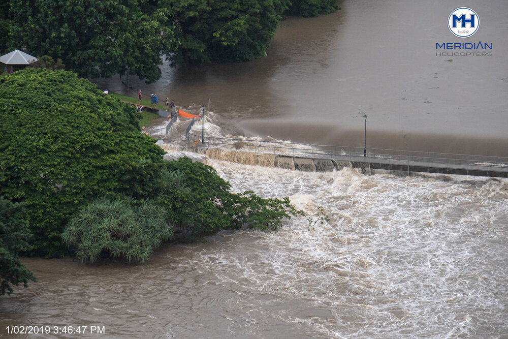 Aplins Weir, Annandale, aerial photograph during floods, 2019