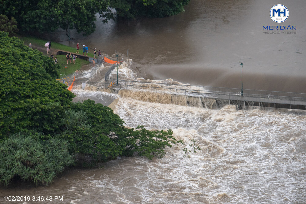 Aplins Weir, Annandale, aerial photograph during floods, 2019. 