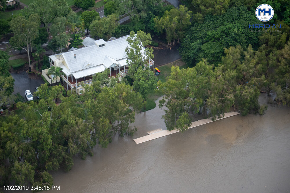 Riverside Gardens Community Centre, Douglas, aerial photograph during floods, 2019. 