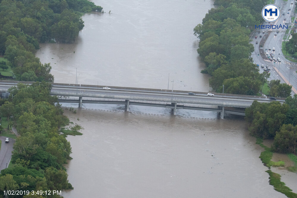 Ross River, The Ring Road Bridge, Condon, aerial photograph during floods, 2019. 