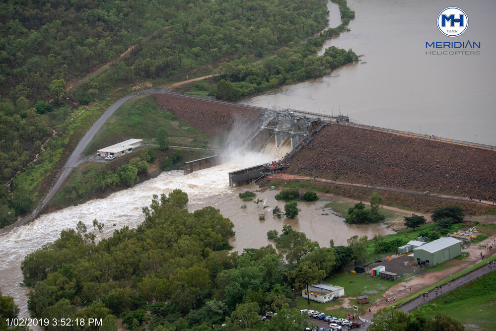 Ross River Dam Spillway, Kelso, aerial photograph during floods, 2019