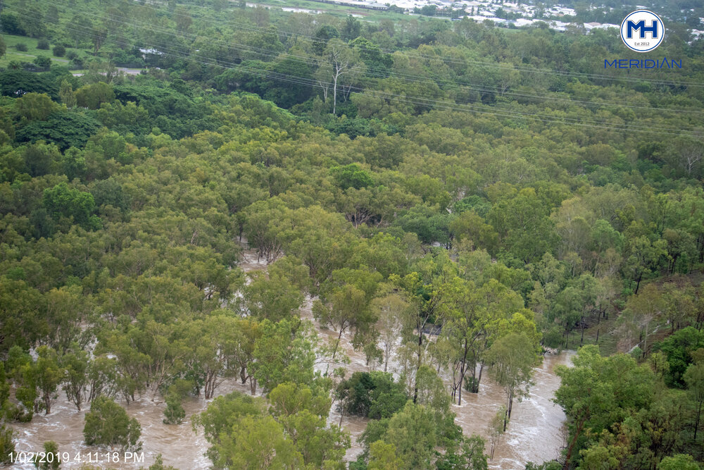 Ross River near Dam, Kelso, aerial photograph during floods, 2019. 