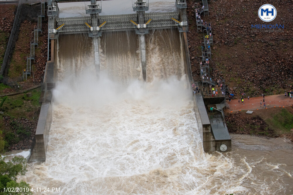 Ross River Dam Spillway, Kelso, aerial photograph during floods, 2019. 
