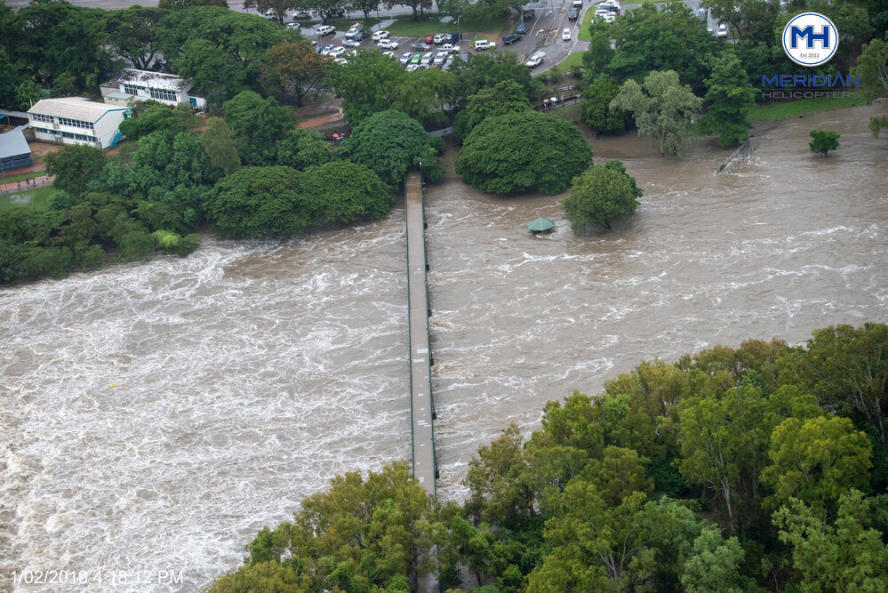 Black Weir, Thuringowa Central, aerial photograph during floods, 2019. 