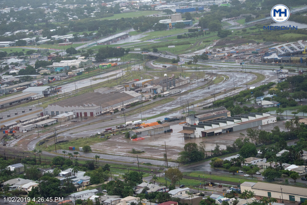 Railway Yards South Townsville, Reid Park, Townsville Civic Theatre, aerial photograph during floods, 2019. 