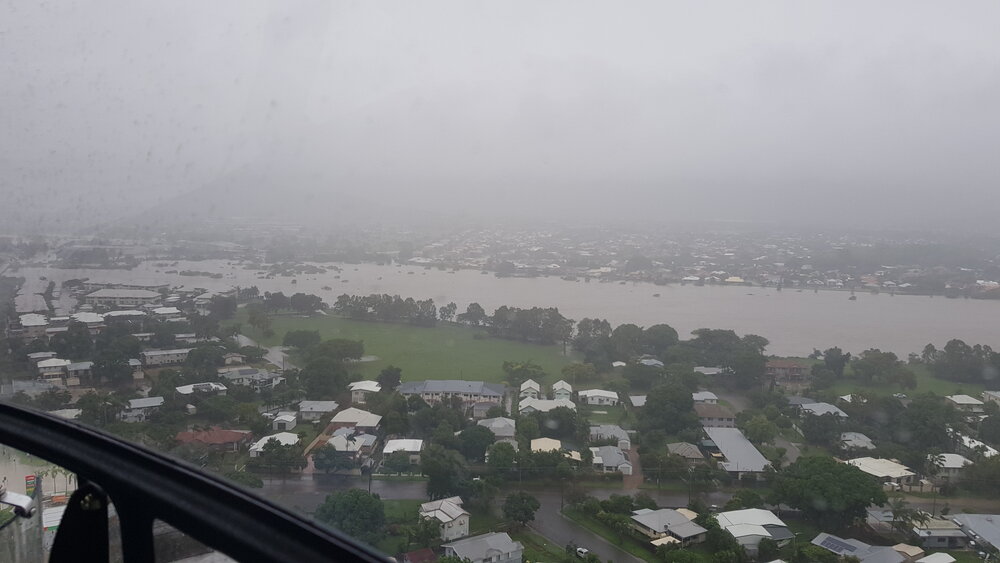 Bowen Road Bridge, Rosslea, aerial photograph during floods, 2019.