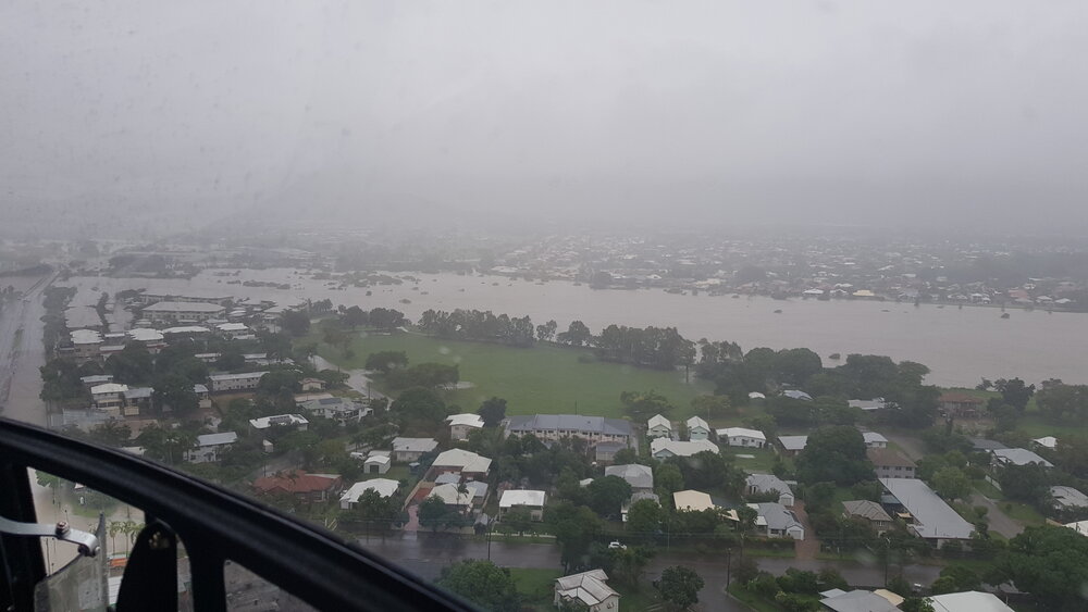 Bowen Road Bridge, Rosslea, aerial photograph during floods, 2019