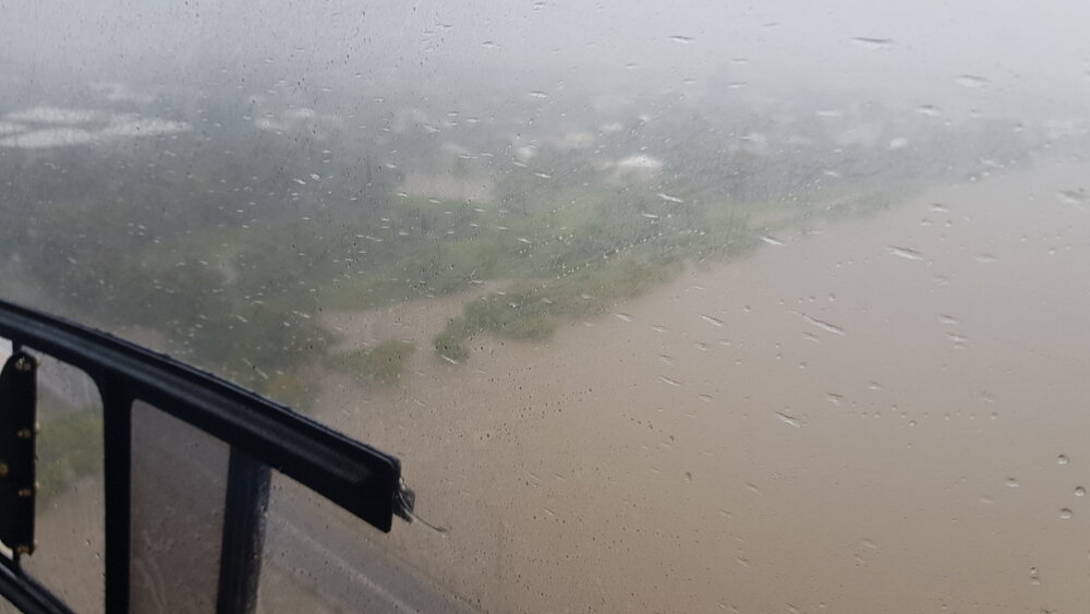 Abbott Street Bridge, aerial photograph during floods, 2019. 