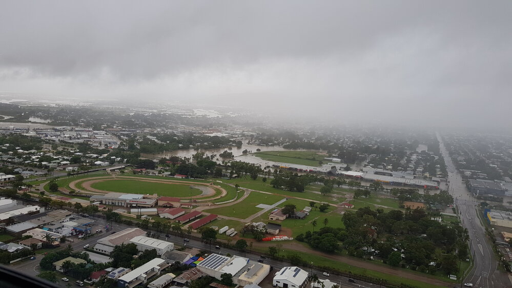 Showgrounds, aerial photograph during floods, 2019. 