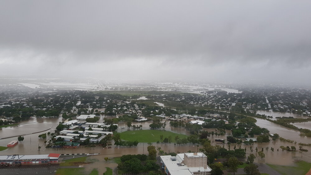 Townsville Civic Theatre, Boundary Street, aerial photograph during floods, 2019. 