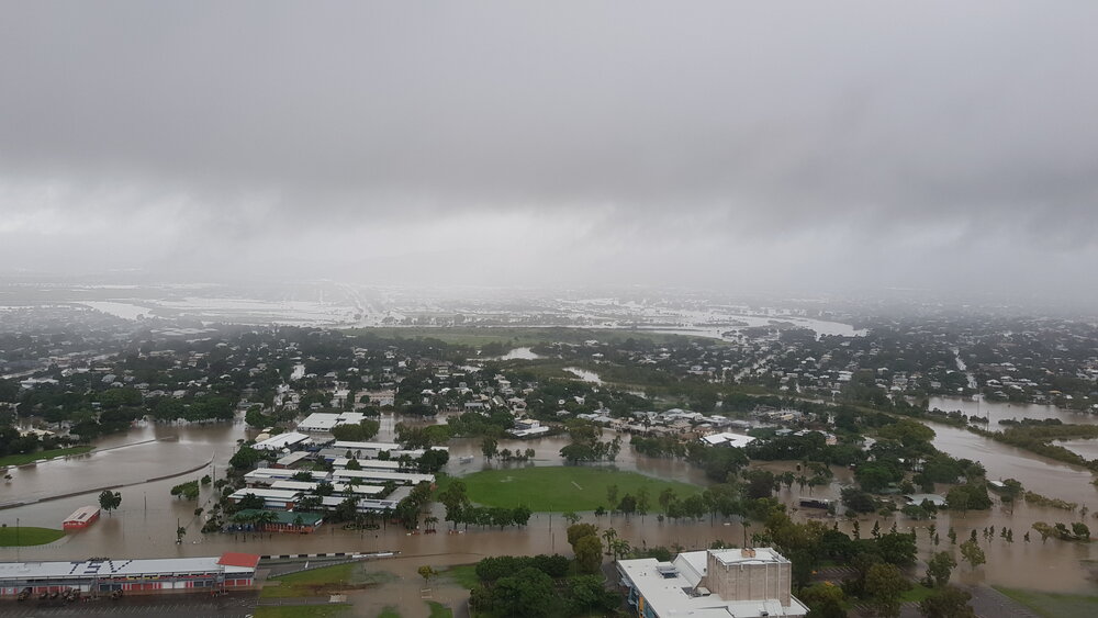 Townsville Civic Theatre, Boundary Street, aerial photograph during floods, 2019. 