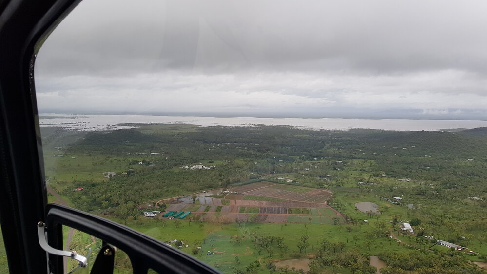Greta Road, Flinders Highway, aerial photograph during floods, 2019. 