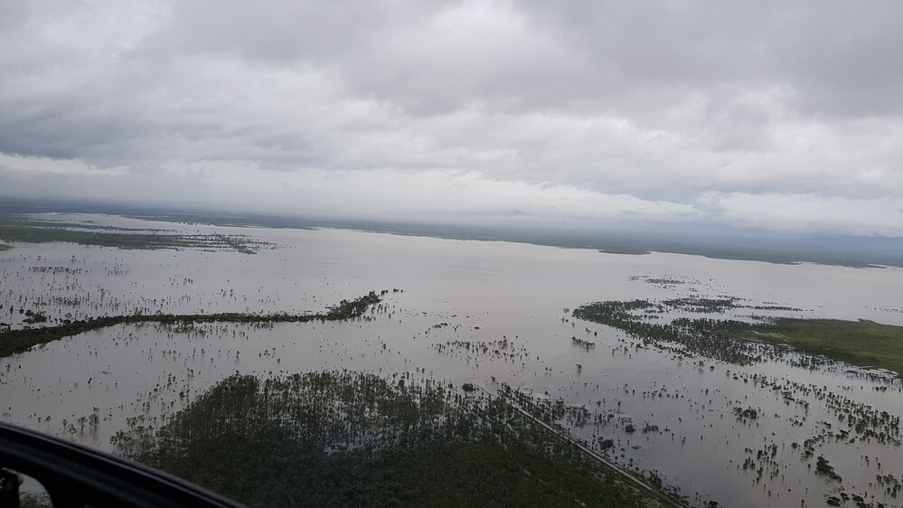 Flinders Highway, aerial photograph during floods, 2019. 