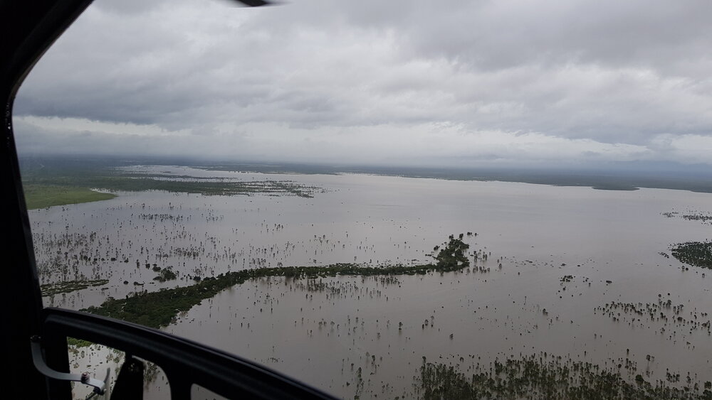 Flinders Highway, aerial photograph during floods, 2019. 