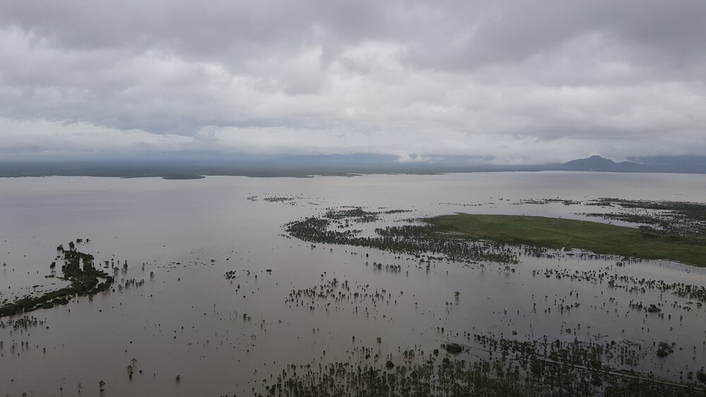 Flinders Highway, aerial photograph during floods, 2019. 