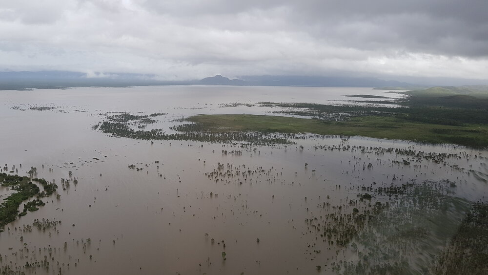 Flinders Highway, aerial photograph during floods, 2019. 