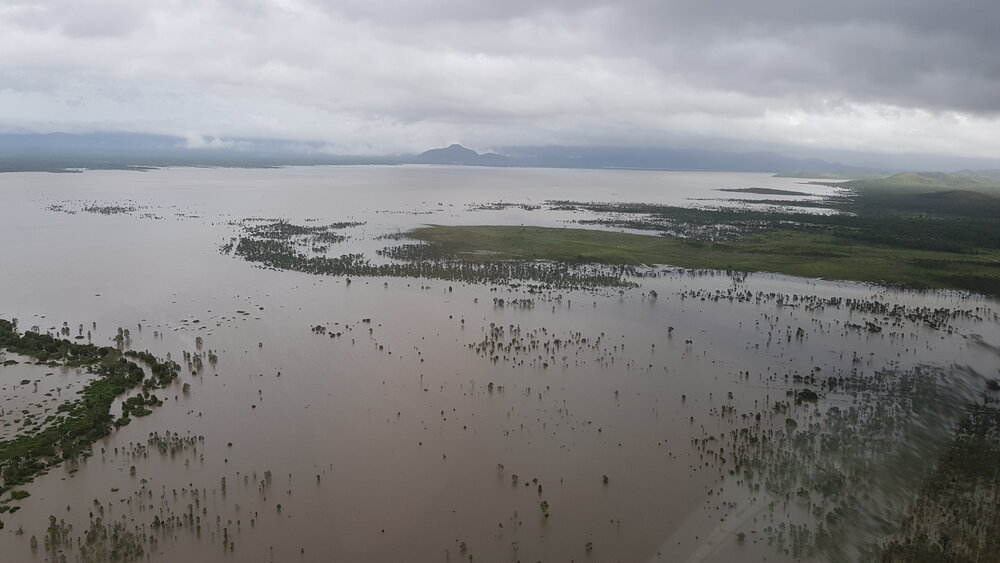 Flinders Highway, aerial photograph during floods, 2019. 