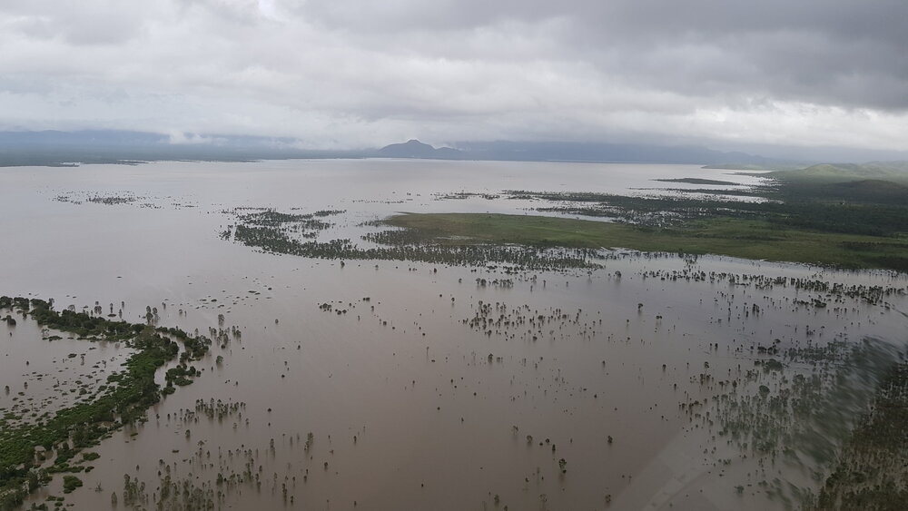 Flinders Highway, aerial photograph during floods, 2019. 