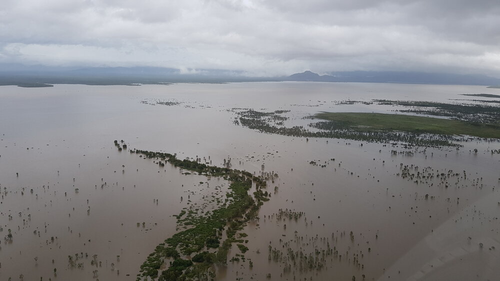 Flinders Highway, aerial photograph during floods, 2019. 