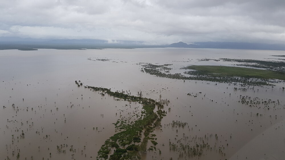 Flinders Highway, aerial photograph during floods, 2019. 