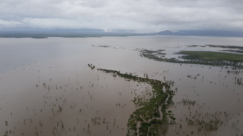 Flinders Highway, aerial photograph during floods, 2019. 