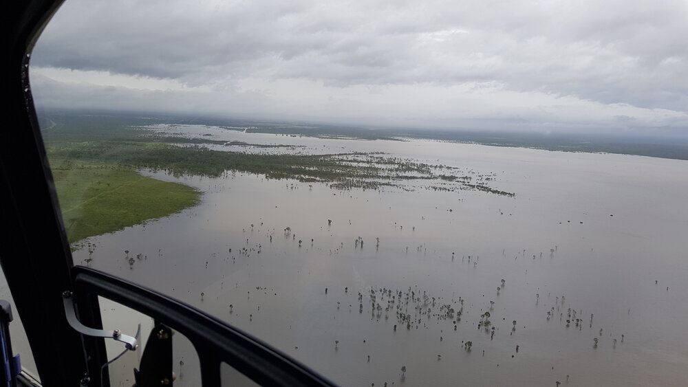 Flinders Highway, aerial photograph during floods, 2019