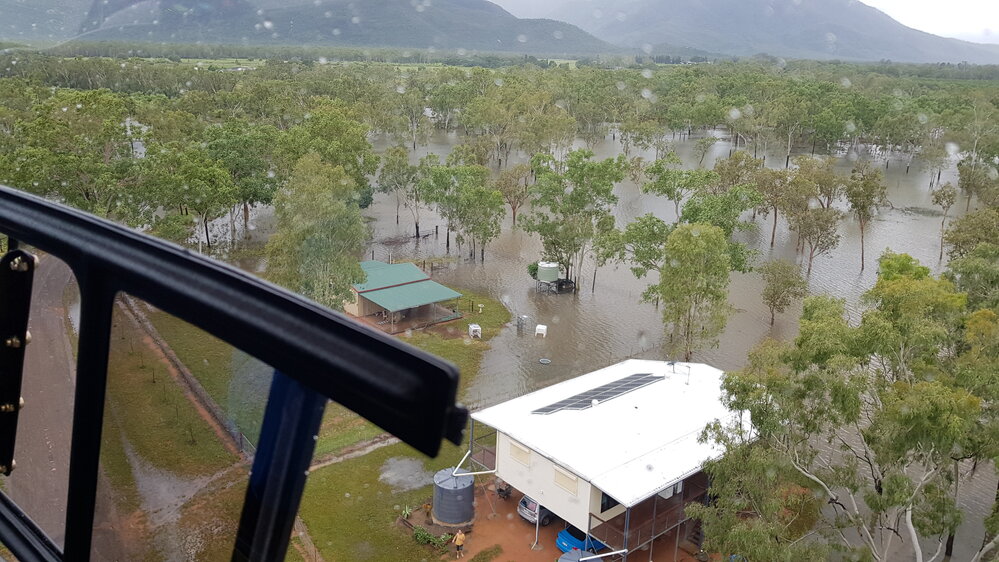 Maconachies Road, aerial photograph during floods, 2019. 