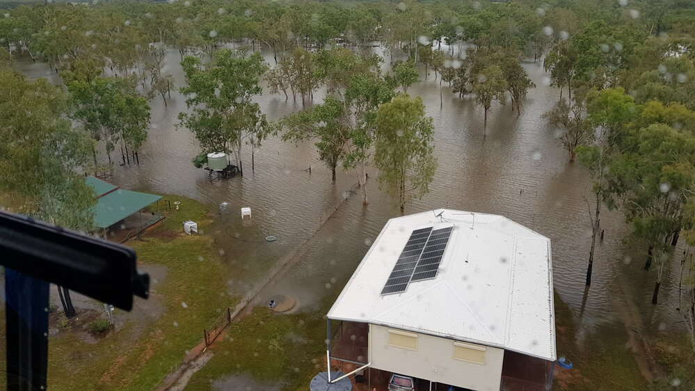Maconachies Road, aerial photograph during floods, 2019. 