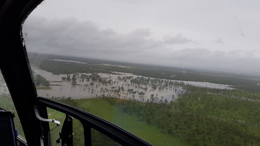 Woodstock Giru Road Powerline Track (19&deg;36'08.8"S 146&deg;53'12.2"E), aerial photograph during floods, 2019