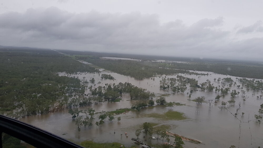 Woodstock Giru Road Powerline Track (19&deg;36'08.8"S 146&deg;53'12.2"E), aerial photograph during floods, 2019