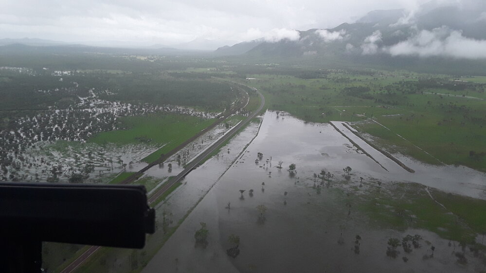 Flinders Highway, aerial photograph during floods, 2019. 