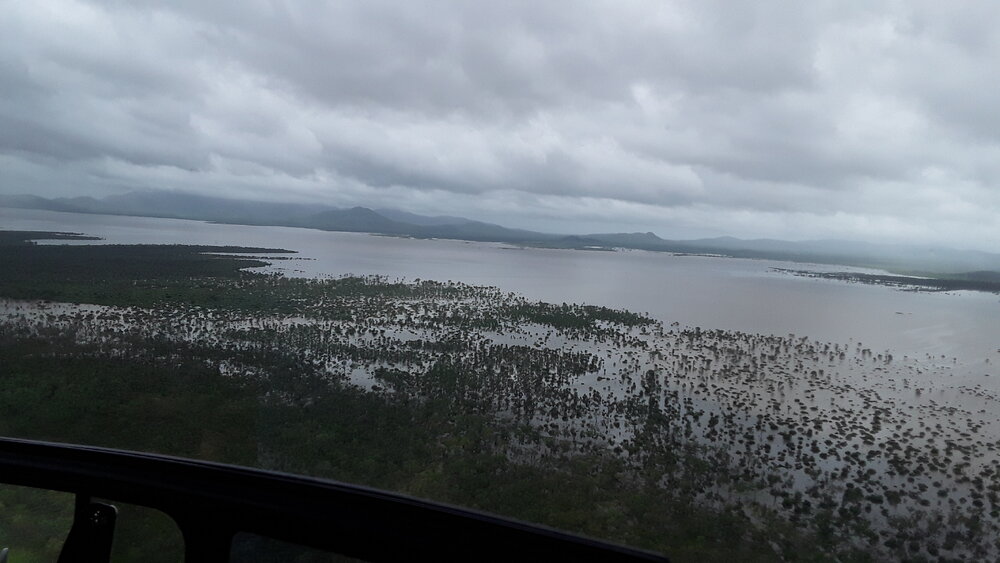 Flinders Highway Woodstock facing back to Ross River Dam, aerial photograph during floods, 2019. 