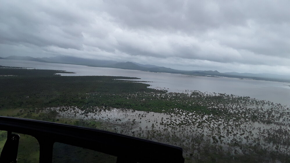 Flinders Highway Woodstock facing back to Ross River Dam, aerial photograph during floods, 2019