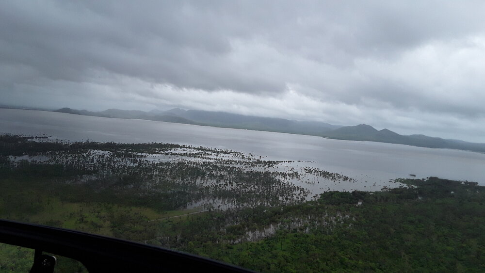 Flinders Highway Woodstock facing back to Ross River Dam, aerial photograph during floods, 4 February 2019